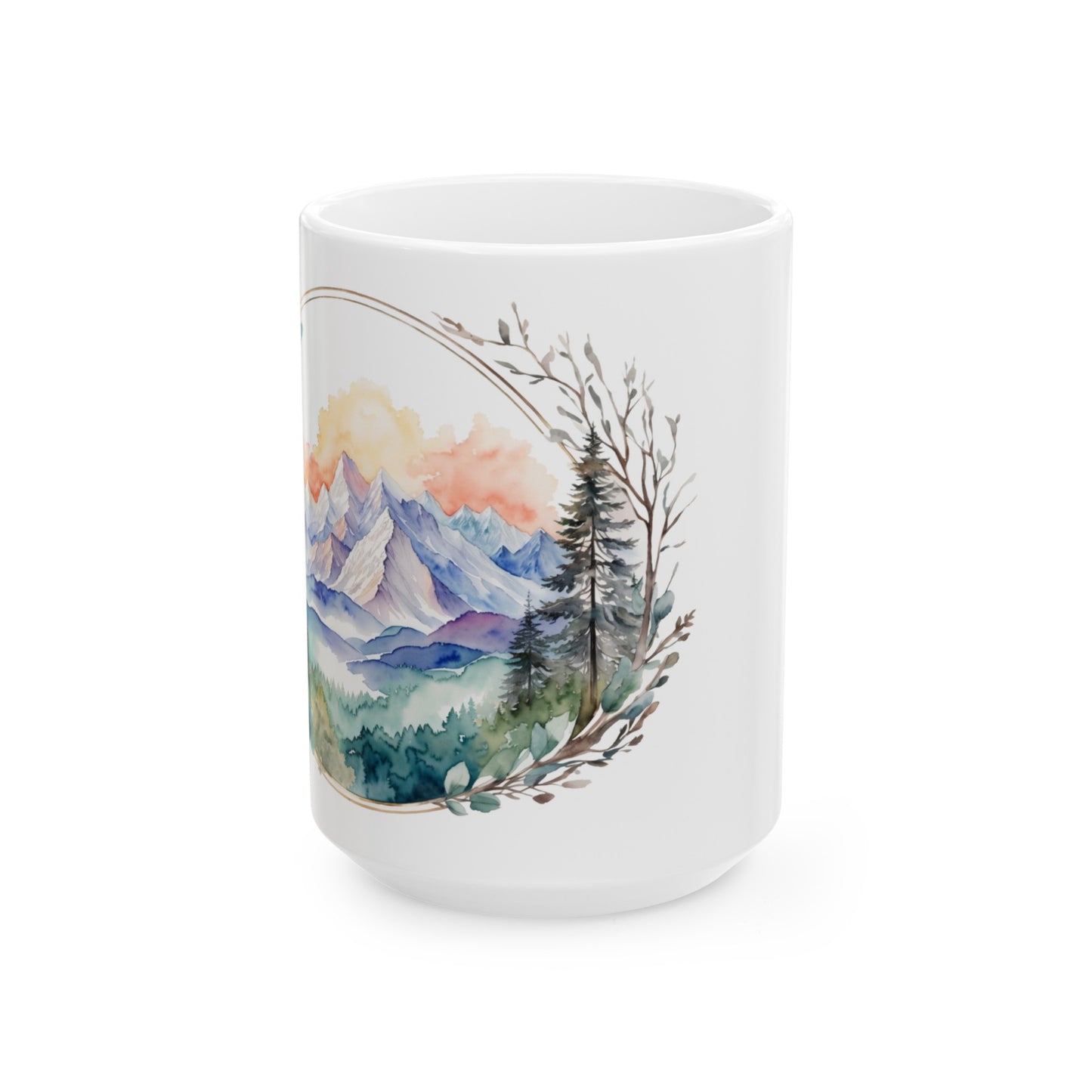 Watercolor Mountains and Nature with Leaf Frame Ceramic Mug (11oz, 15oz)