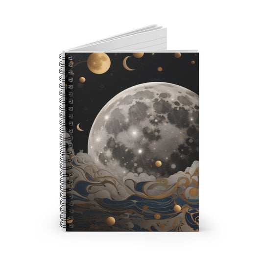 Full Moon Phases in Night Gold and Blue Galaxy Spiral Notebook - Ruled Line