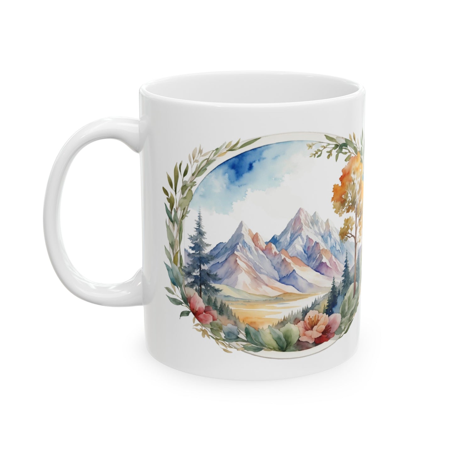 Nature's Artwork is All Around Us Mountains and Flowers Watercolor Ceramic Mug (11oz, 15oz)