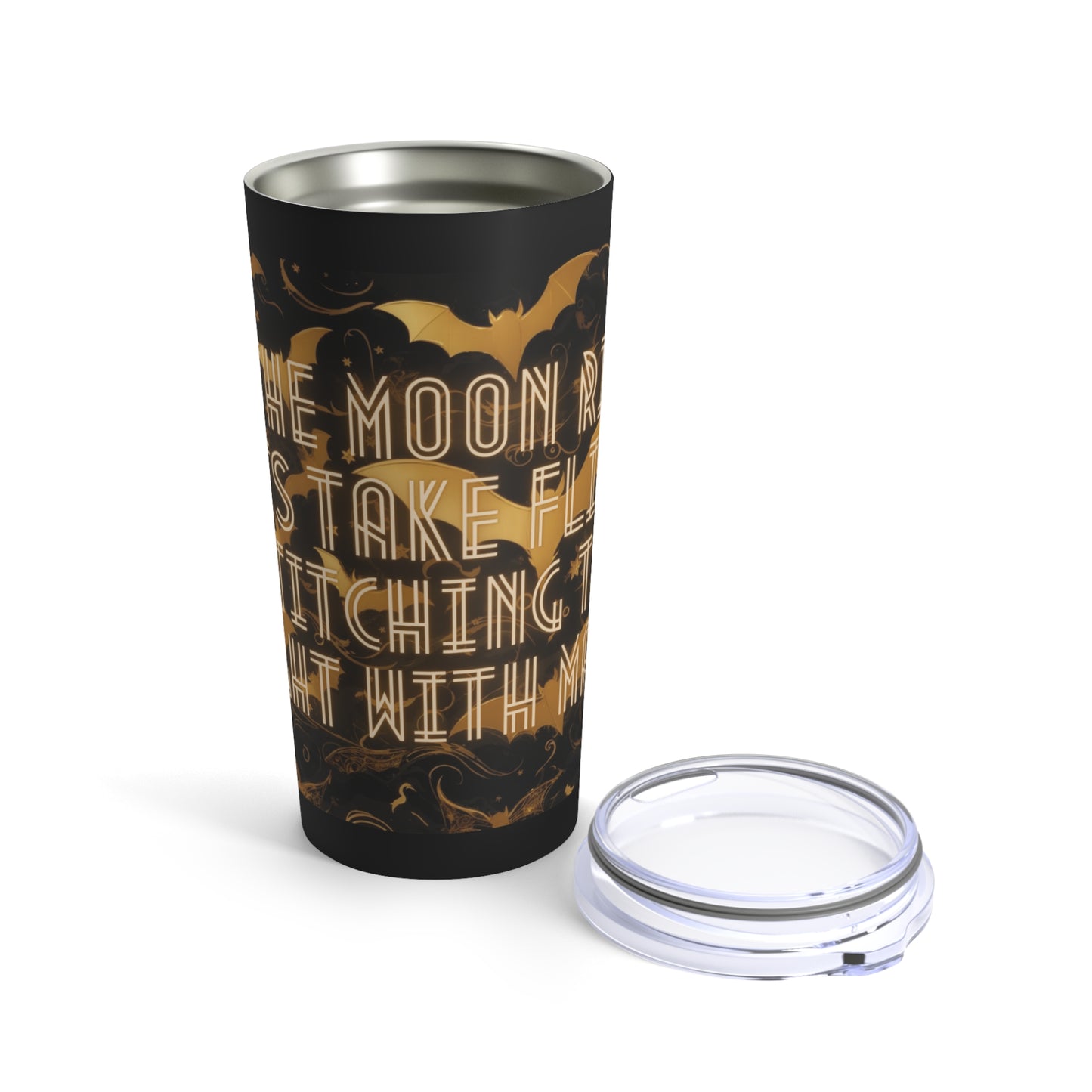 As the Moon Rises, Bats Take Flight, Stitching the Night with Magic Halloween Bat Black and Gold Moon Tumbler 20oz