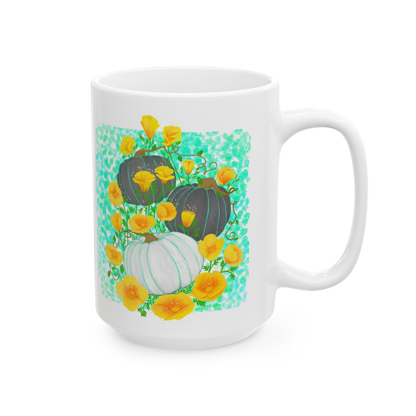 Pumpkin and Golden California Poppy Flowers Ceramic Mug, (11oz, 15oz)