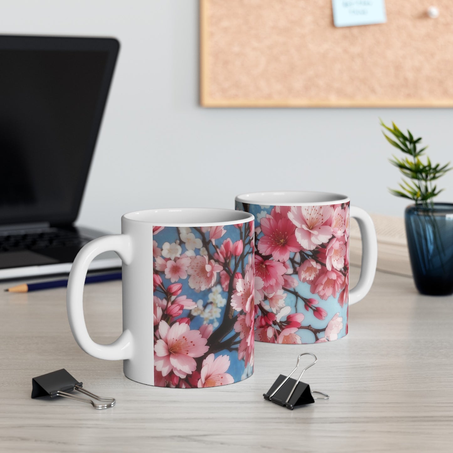 Cherry Blossom Pink and Blue Ceramic Mug (11oz, 15oz)