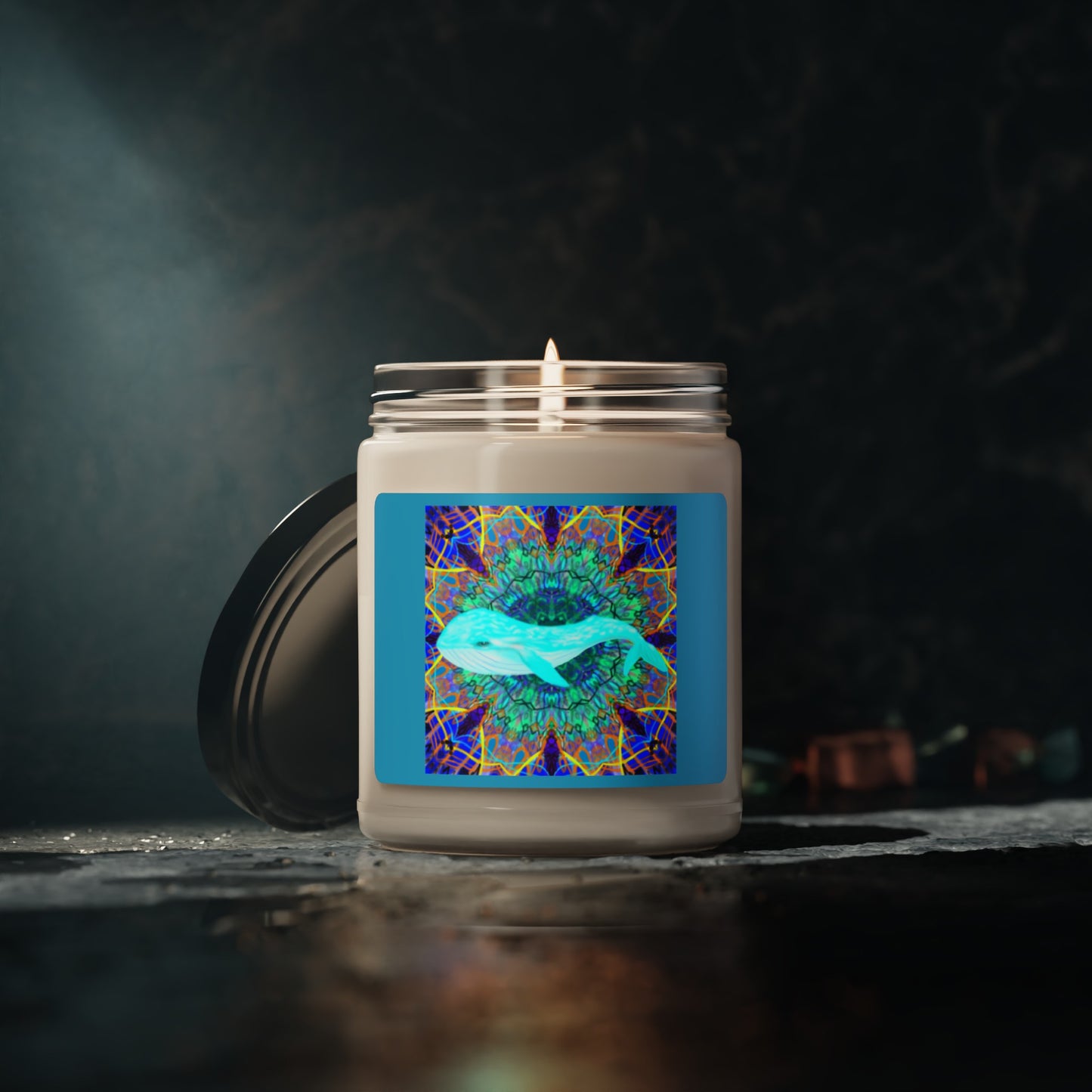 Whale Waves Colorful Ocean Rainbow Mandala Scented Soy Candle, 9oz