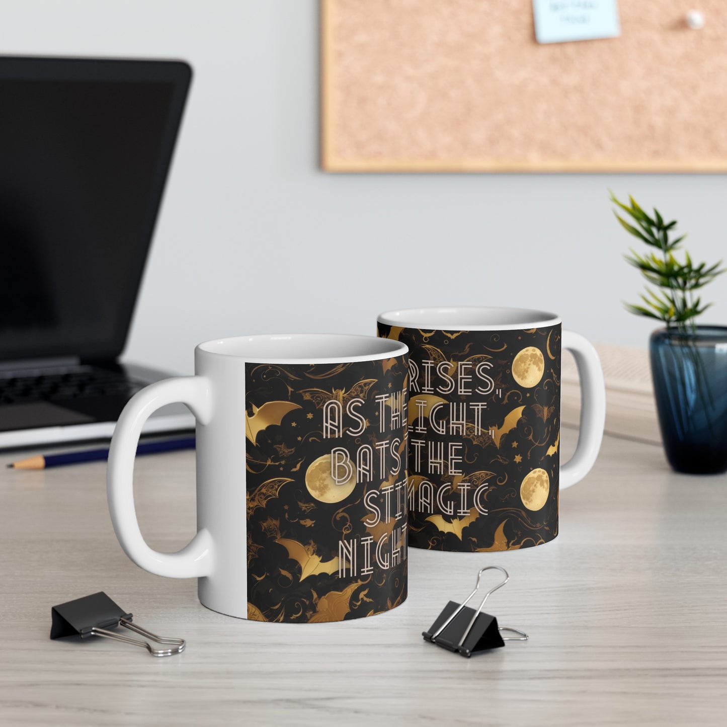 As the Moon Rises, Bats Take Flight, Stitching the Night with Magic Halloween Bat Black and Gold Moon Ceramic Mug (11oz, 15oz)