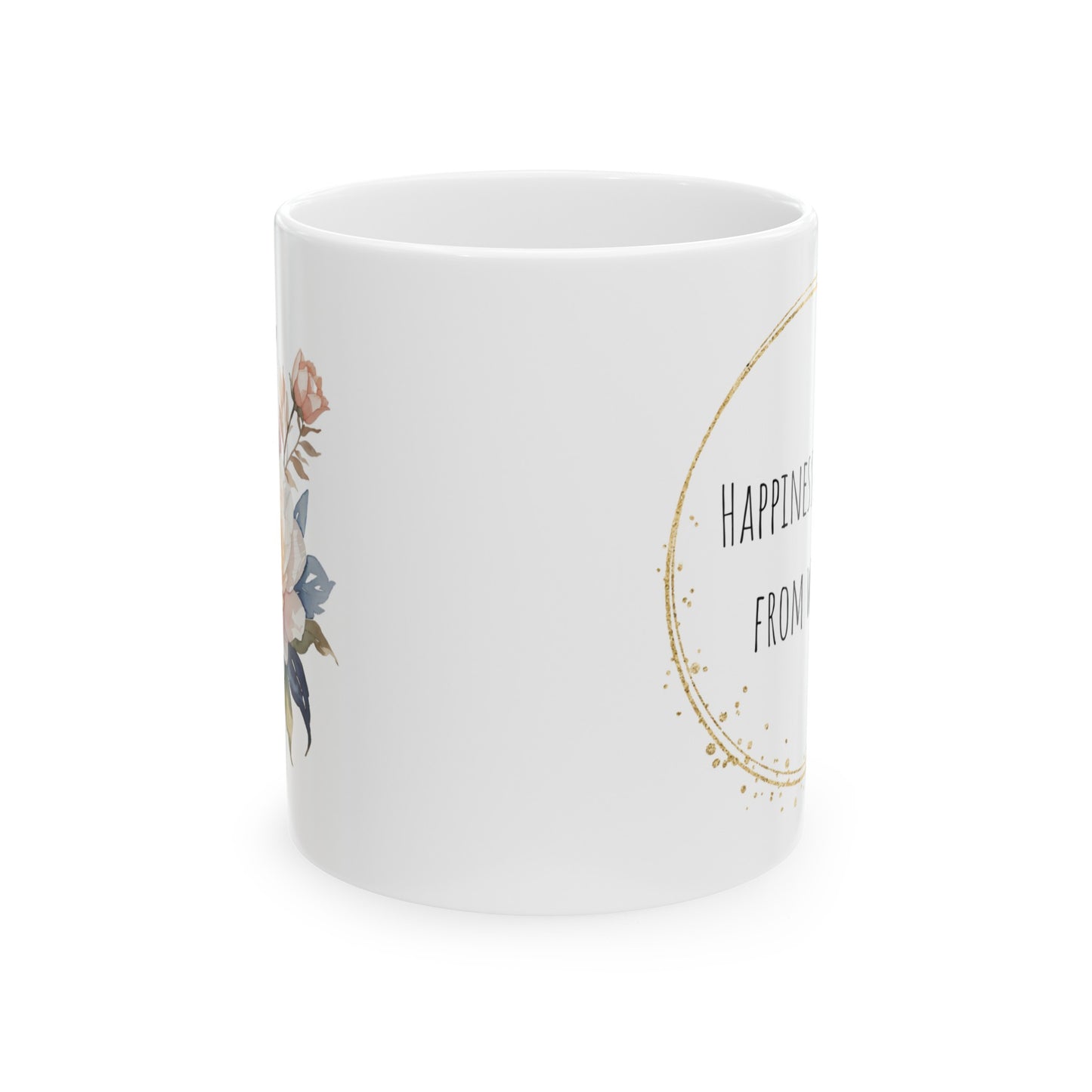 Happiness Blooms from Within Watercolor Flower Gold Ceramic Mug (11oz, 15oz)