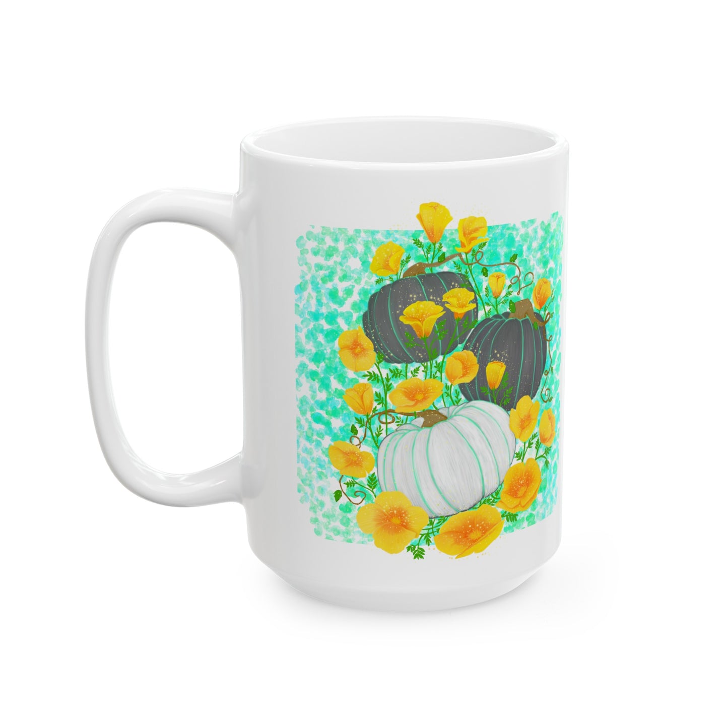 Pumpkin and Golden California Poppy Flowers Ceramic Mug, (11oz, 15oz)