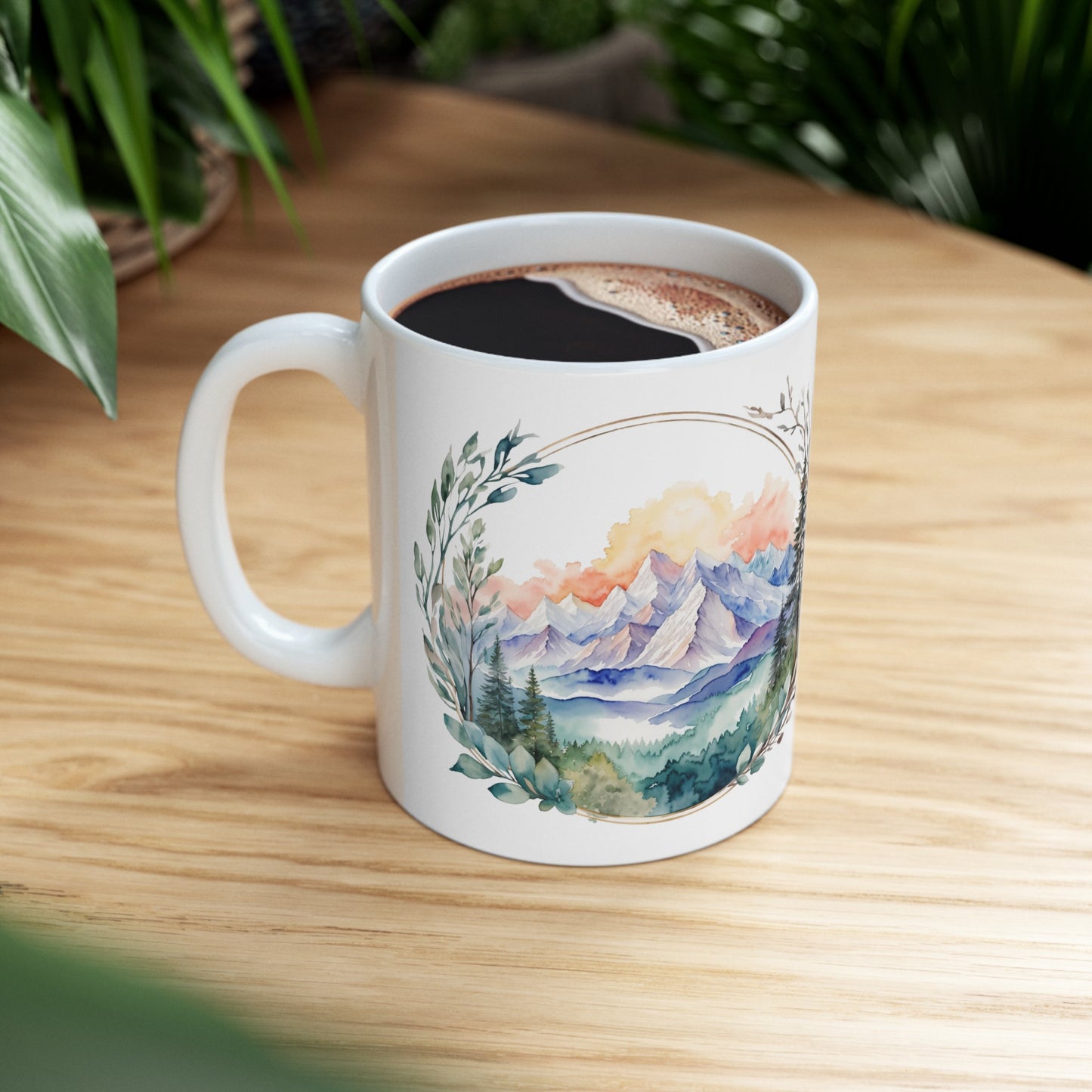 Watercolor Mountains and Nature with Leaf Frame Ceramic Mug (11oz, 15oz)