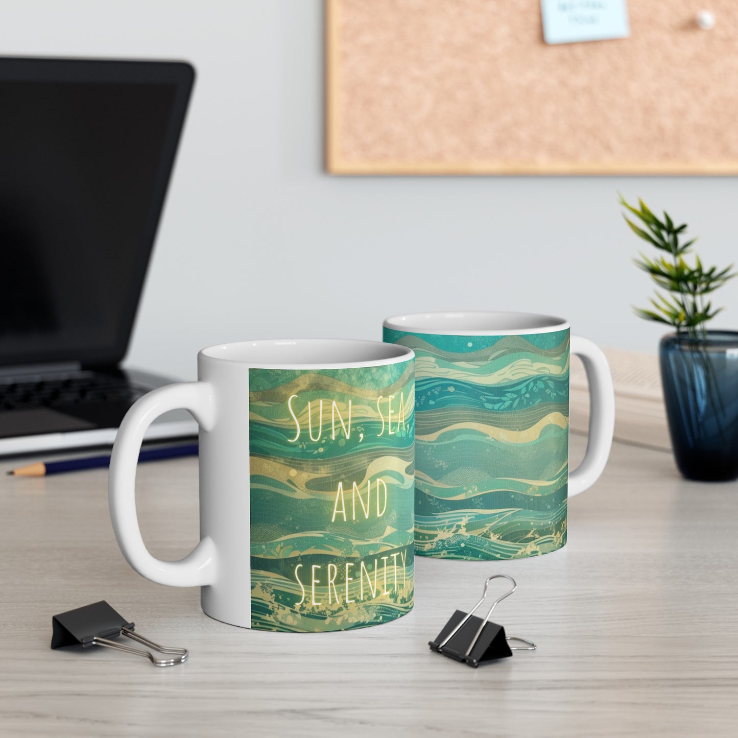 Sun, Sea, and Serenity Ocean Wave Blue Grey Pattern Ceramic Mug (11oz, 15oz)