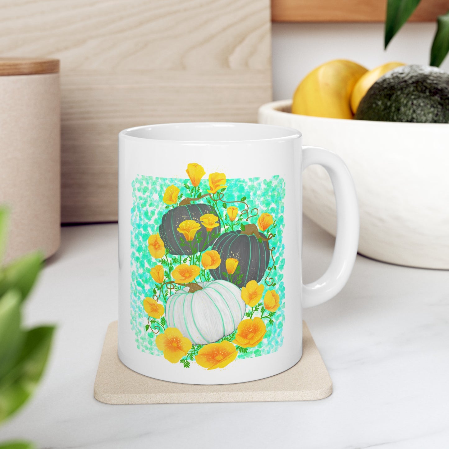 Pumpkin and Golden California Poppy Flowers Ceramic Mug, (11oz, 15oz)