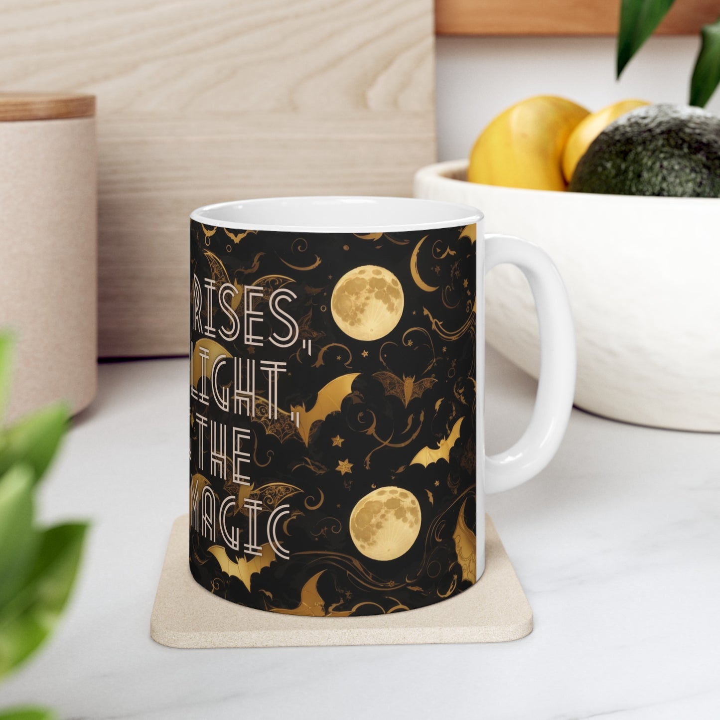 As the Moon Rises, Bats Take Flight, Stitching the Night with Magic Halloween Bat Black and Gold Moon Ceramic Mug (11oz, 15oz)