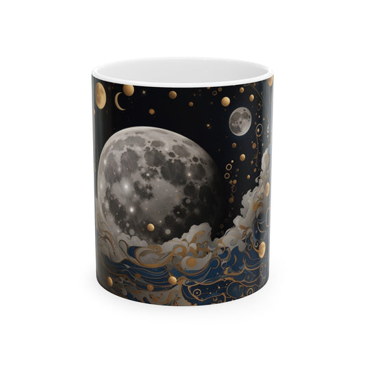 Full Moon Phases in Night Gold and Blue Galaxy Ceramic Mug (11oz, 15oz)