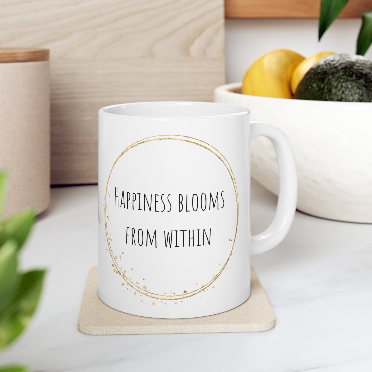 Happiness Blooms from Within Watercolor Flower Gold Ceramic Mug (11oz, 15oz)