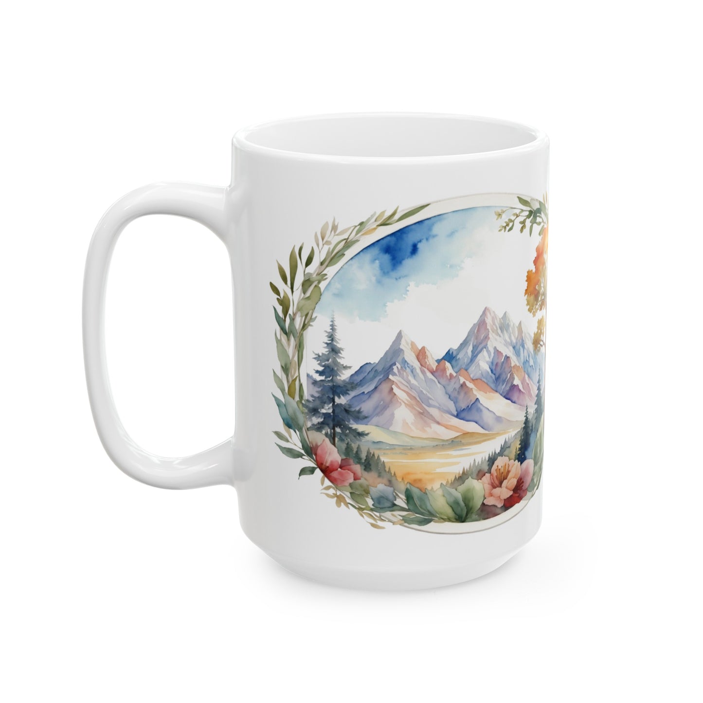 Nature's Artwork is All Around Us Mountains and Flowers Watercolor Ceramic Mug (11oz, 15oz)