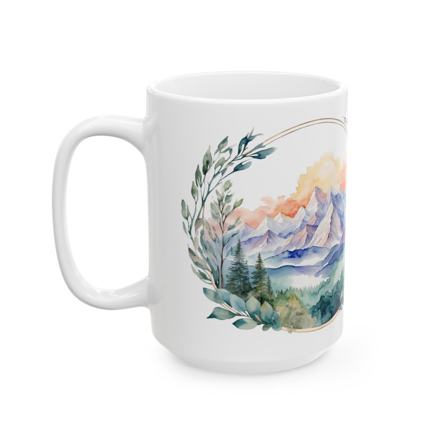 Watercolor Mountains and Nature with Leaf Frame Ceramic Mug (11oz, 15oz)