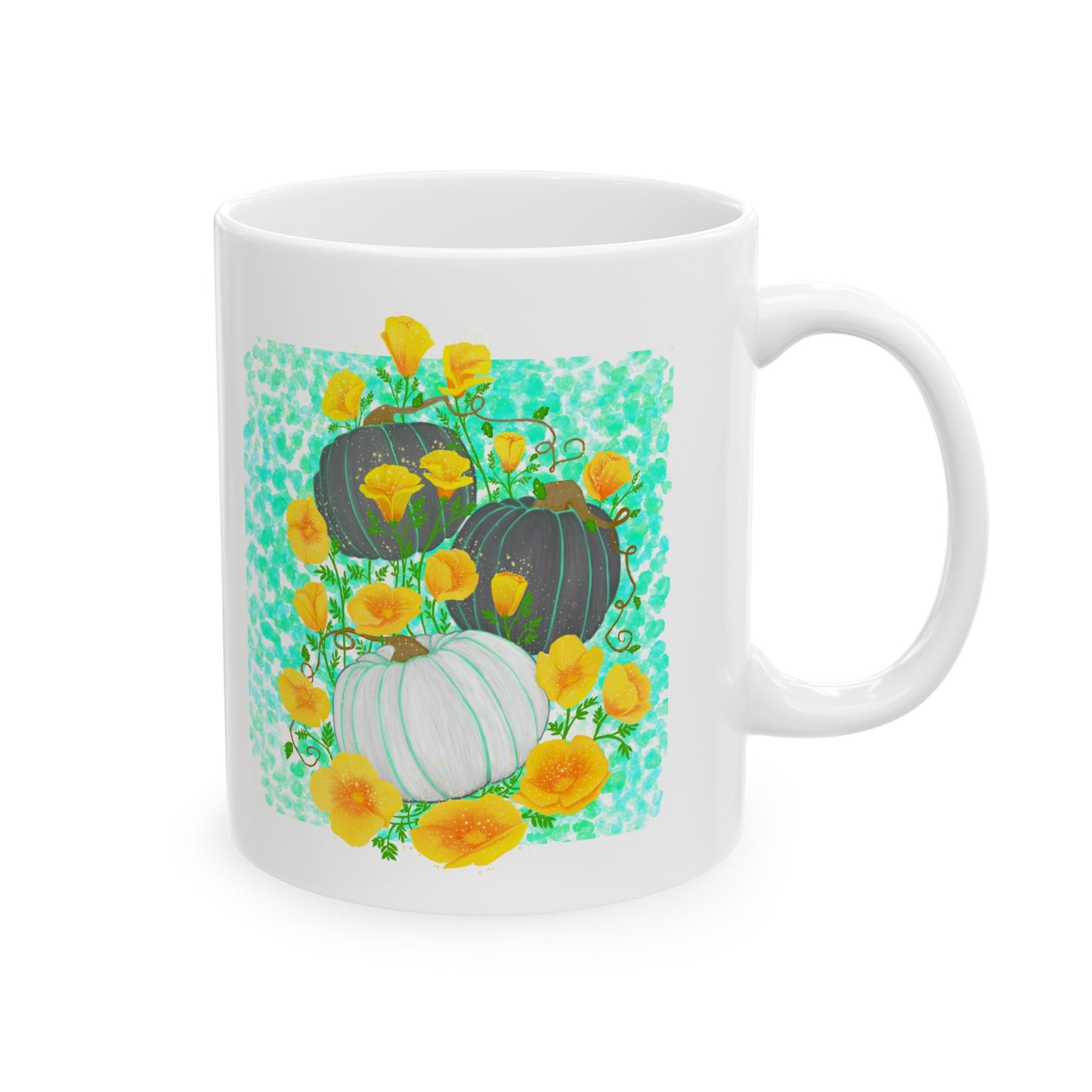 Pumpkin and Golden California Poppy Flowers Ceramic Mug, (11oz, 15oz)