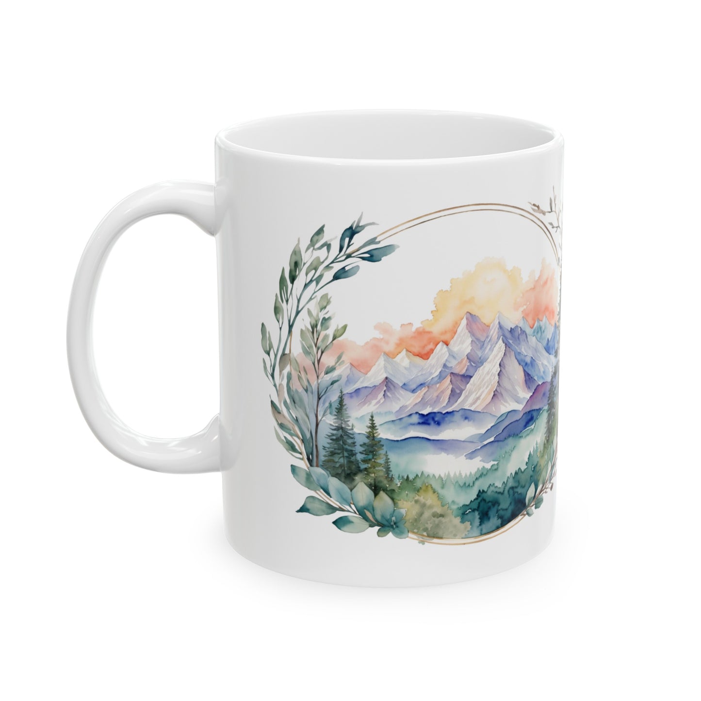 Watercolor Mountains and Nature with Leaf Frame Ceramic Mug (11oz, 15oz)