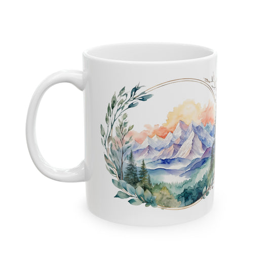 Watercolor Mountains and Nature with Leaf Frame Ceramic Mug (11oz, 15oz)