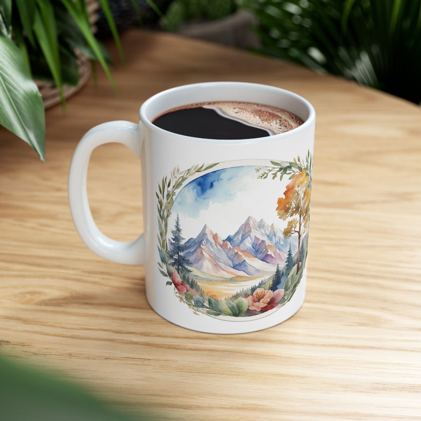 Nature's Artwork is All Around Us Mountains and Flowers Watercolor Ceramic Mug (11oz, 15oz)