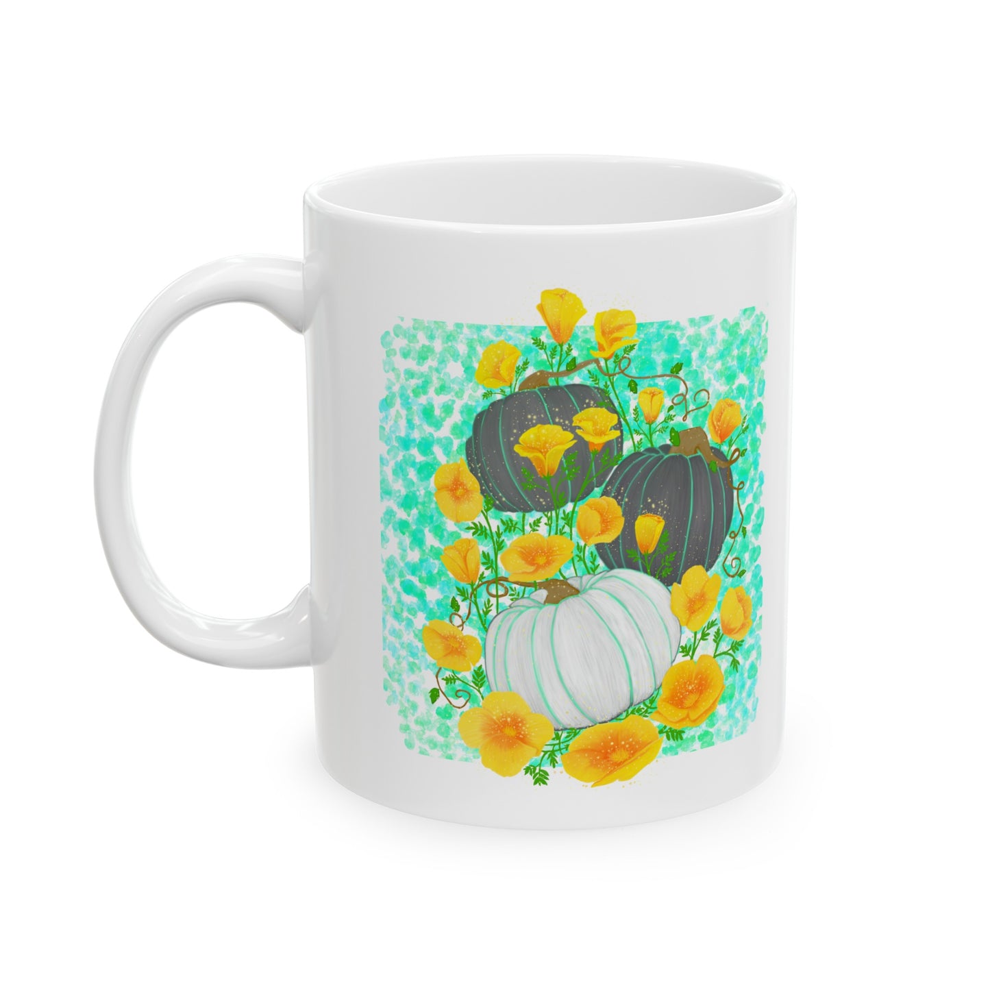 Pumpkin and Golden California Poppy Flowers Ceramic Mug, (11oz, 15oz)