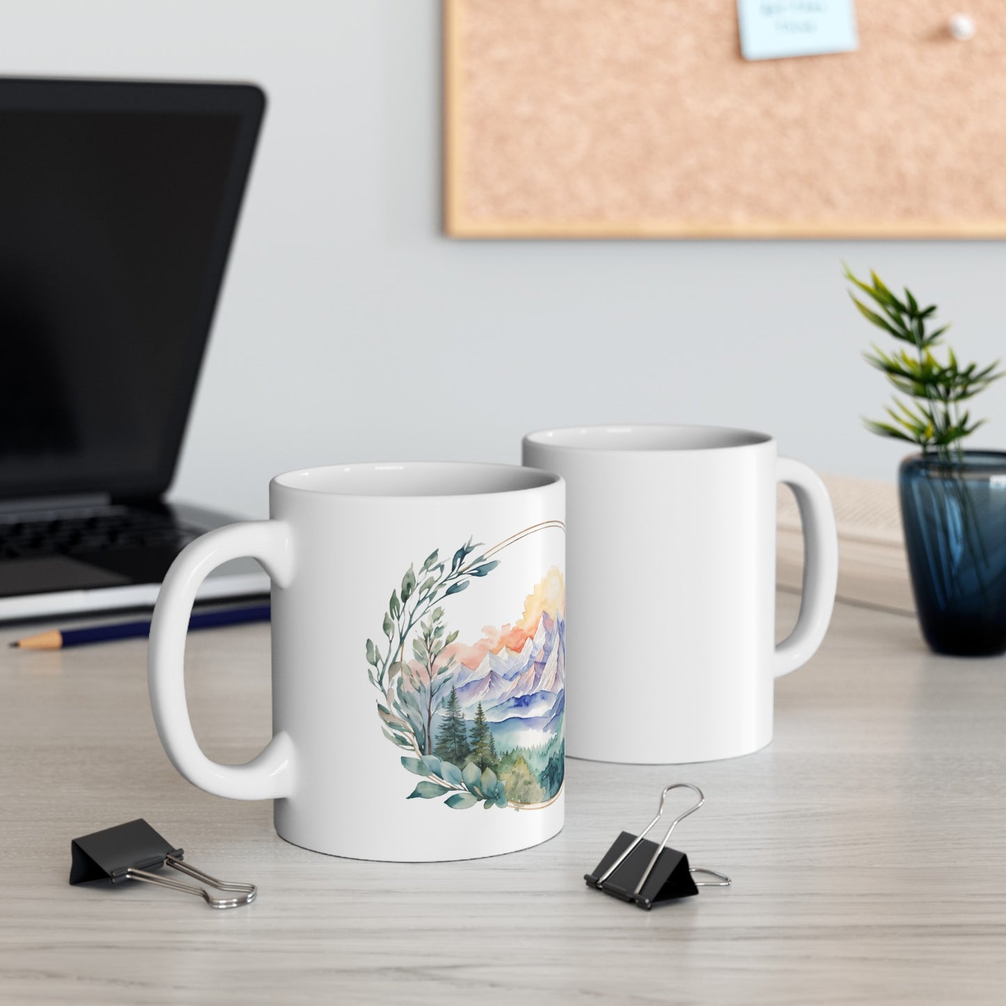 Watercolor Mountains and Nature with Leaf Frame Ceramic Mug (11oz, 15oz)