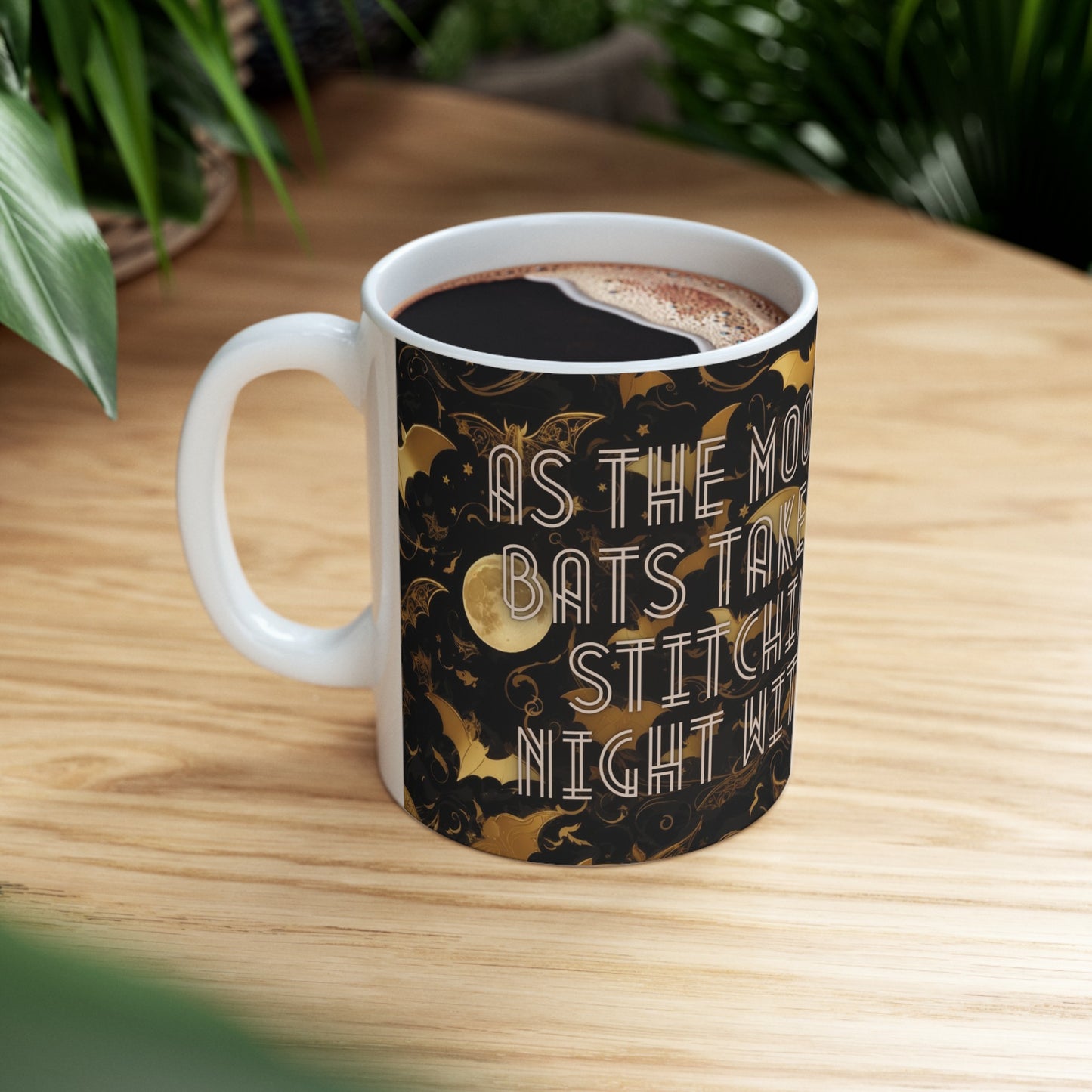 As the Moon Rises, Bats Take Flight, Stitching the Night with Magic Halloween Bat Black and Gold Moon Ceramic Mug (11oz, 15oz)