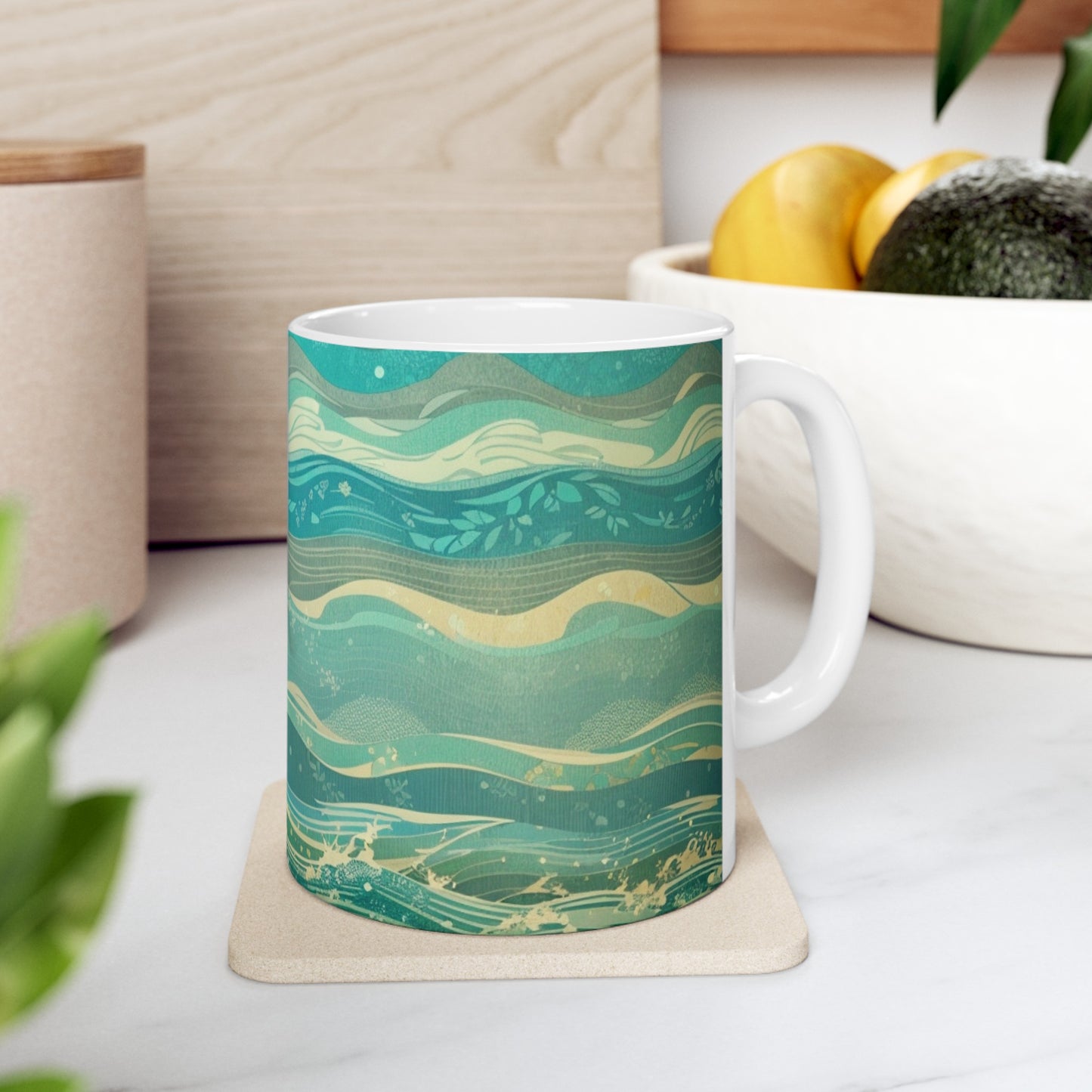 Sun, Sea, and Serenity Ocean Wave Blue Grey Pattern Ceramic Mug (11oz, 15oz)