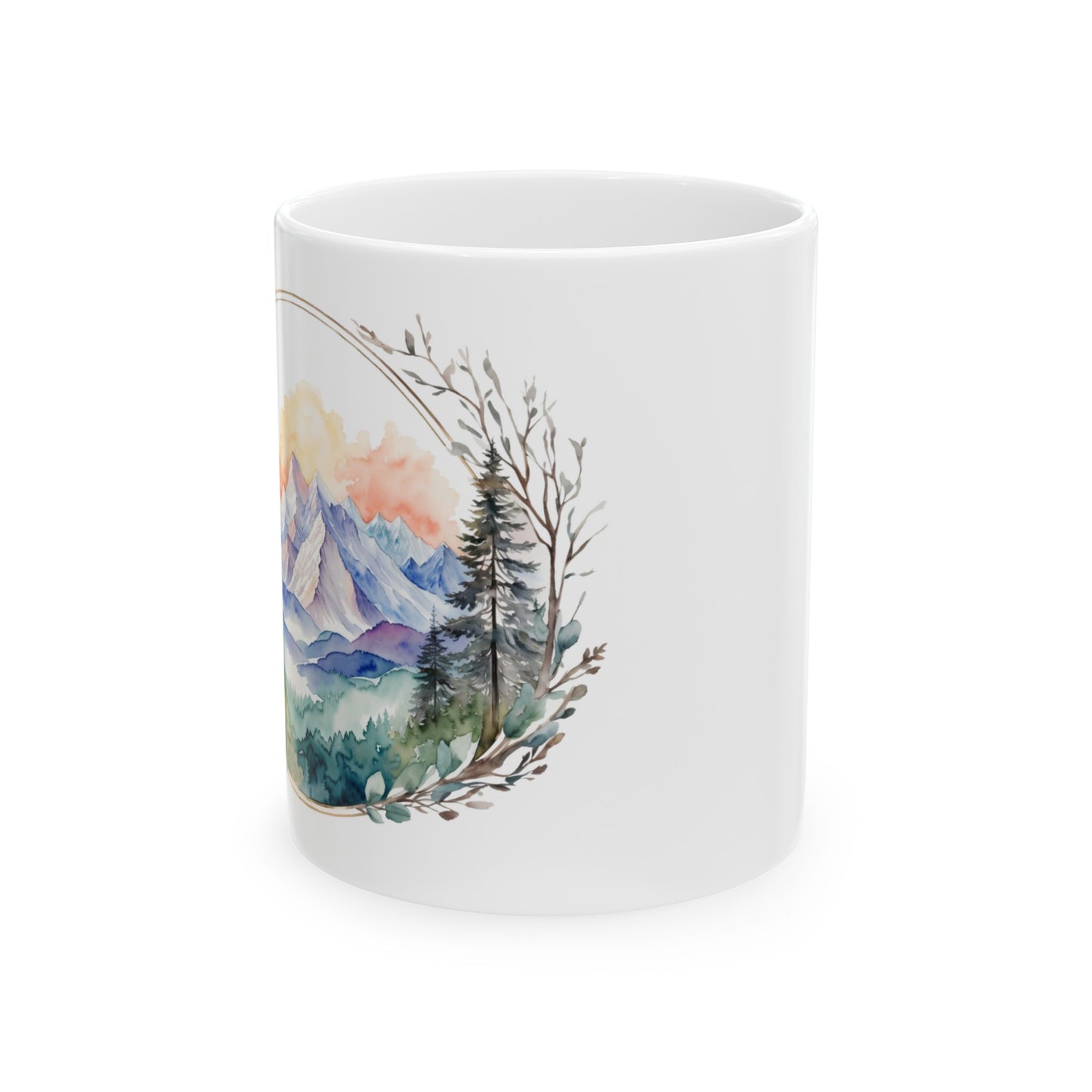 Watercolor Mountains and Nature with Leaf Frame Ceramic Mug (11oz, 15oz)