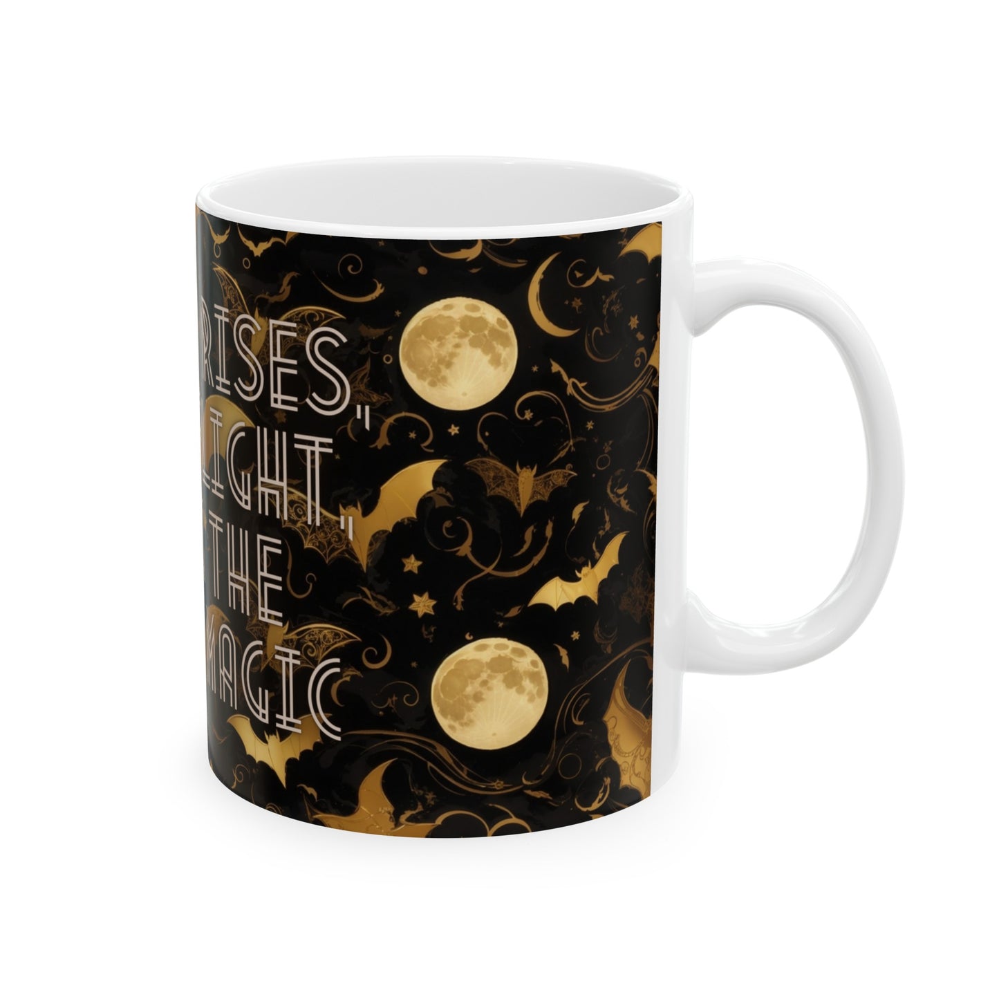 As the Moon Rises, Bats Take Flight, Stitching the Night with Magic Halloween Bat Black and Gold Moon Ceramic Mug (11oz, 15oz)