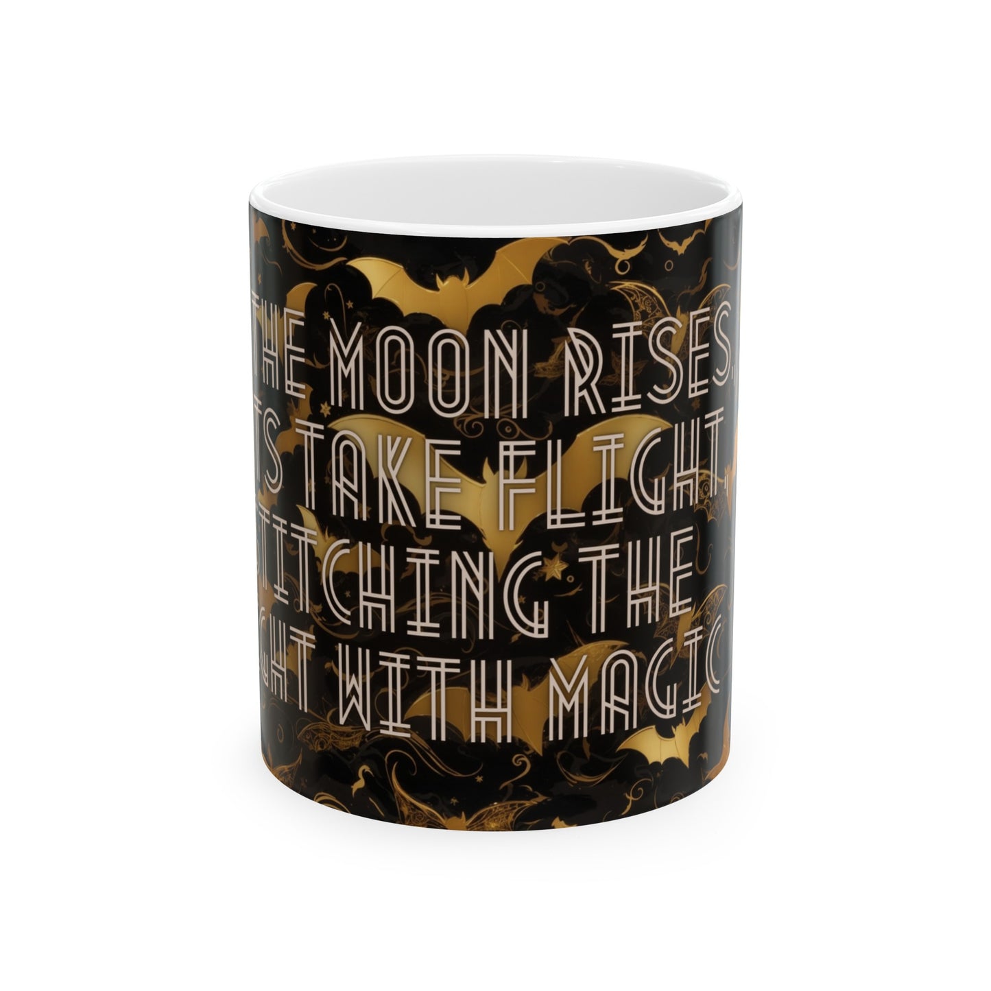 As the Moon Rises, Bats Take Flight, Stitching the Night with Magic Halloween Bat Black and Gold Moon Ceramic Mug (11oz, 15oz)