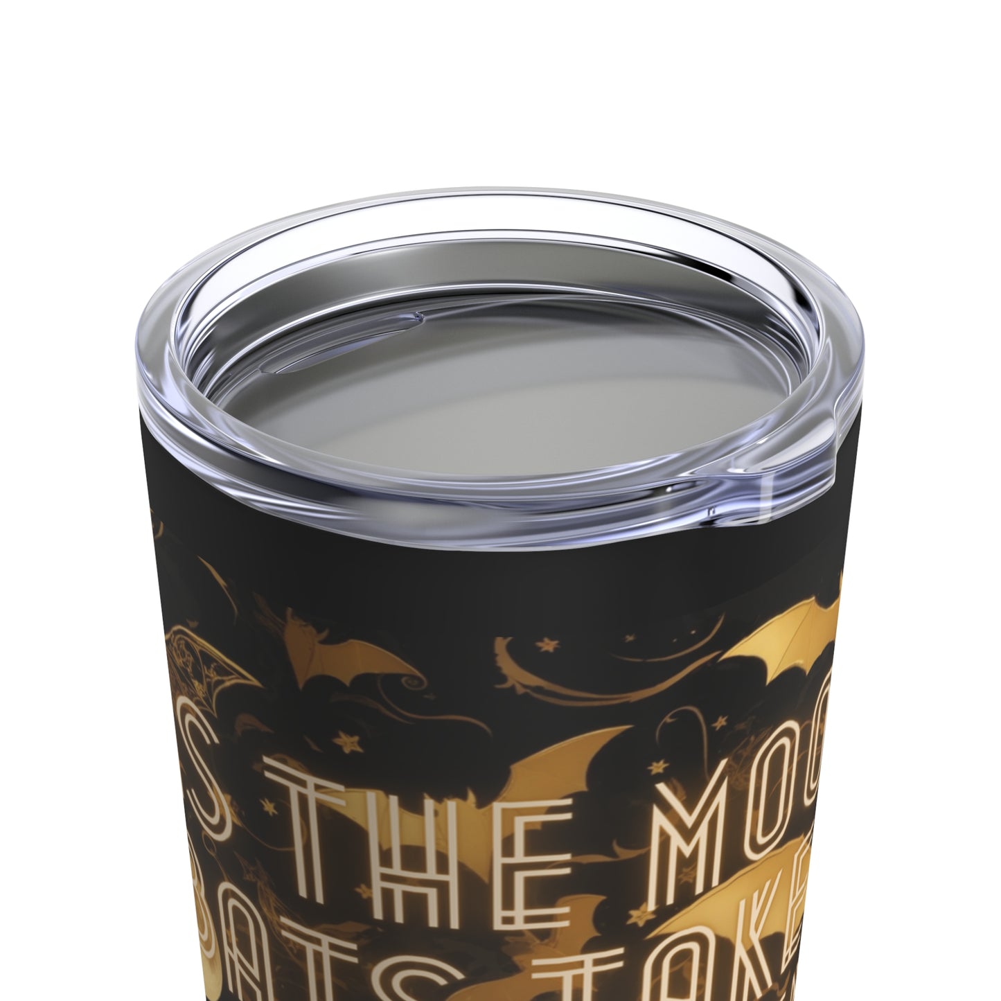 As the Moon Rises, Bats Take Flight, Stitching the Night with Magic Halloween Bat Black and Gold Moon Tumbler 20oz