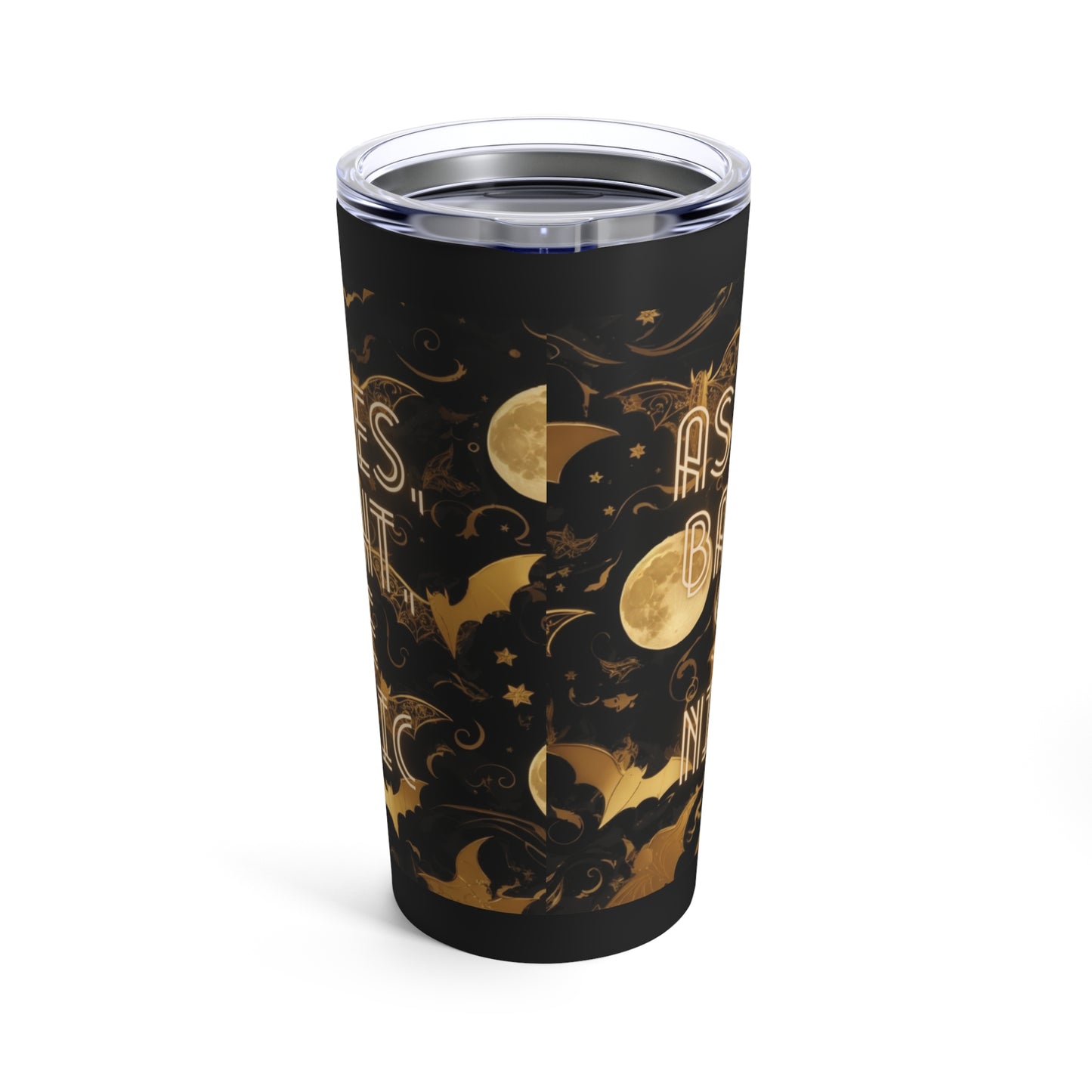 As the Moon Rises, Bats Take Flight, Stitching the Night with Magic Halloween Bat Black and Gold Moon Tumbler 20oz