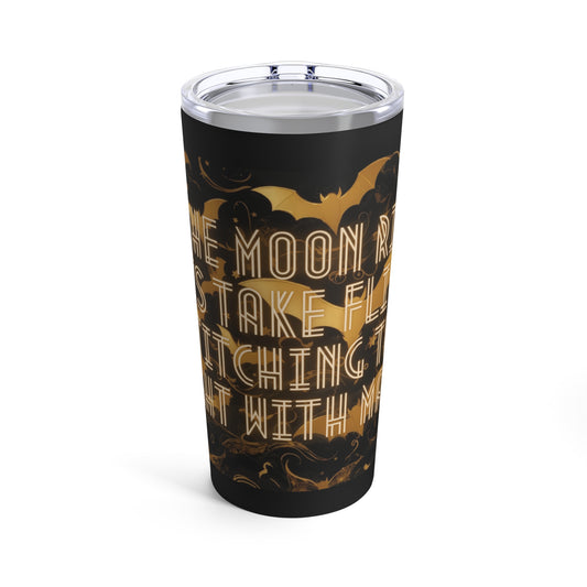 As the Moon Rises, Bats Take Flight, Stitching the Night with Magic Halloween Bat Black and Gold Moon Tumbler 20oz