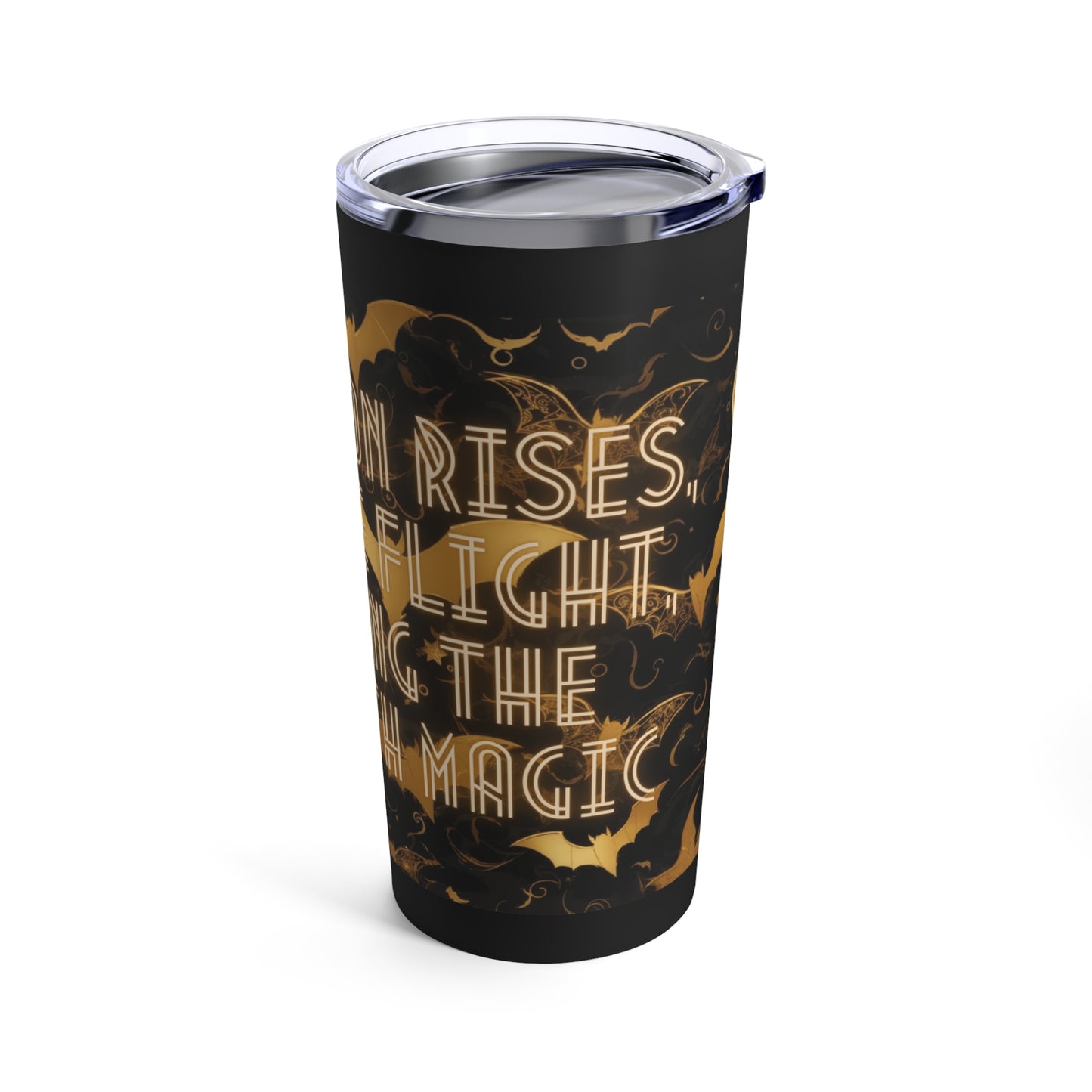 As the Moon Rises, Bats Take Flight, Stitching the Night with Magic Halloween Bat Black and Gold Moon Tumbler 20oz