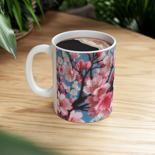 Cherry Blossom Pink and Blue Ceramic Mug (11oz, 15oz)