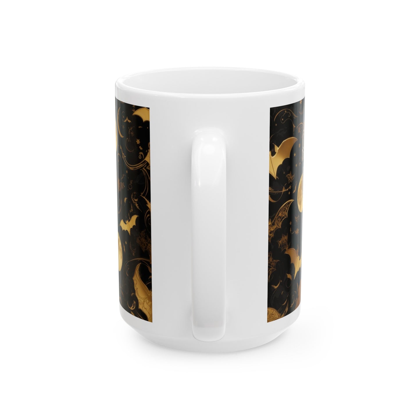 As the Moon Rises, Bats Take Flight, Stitching the Night with Magic Halloween Bat Black and Gold Moon Ceramic Mug (11oz, 15oz)