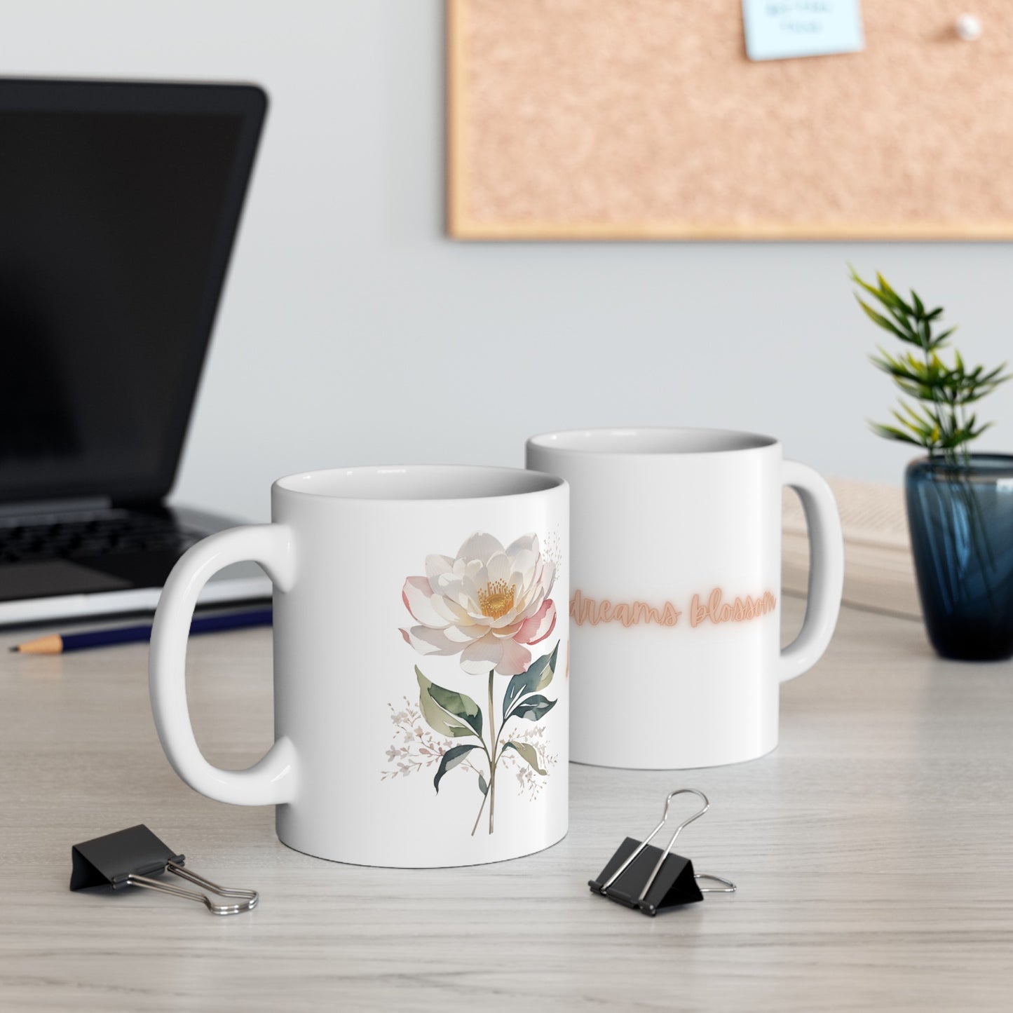 Let Your Dreams Blossom Watercolor Flower Pink Ceramic Mug (11oz, 15oz)